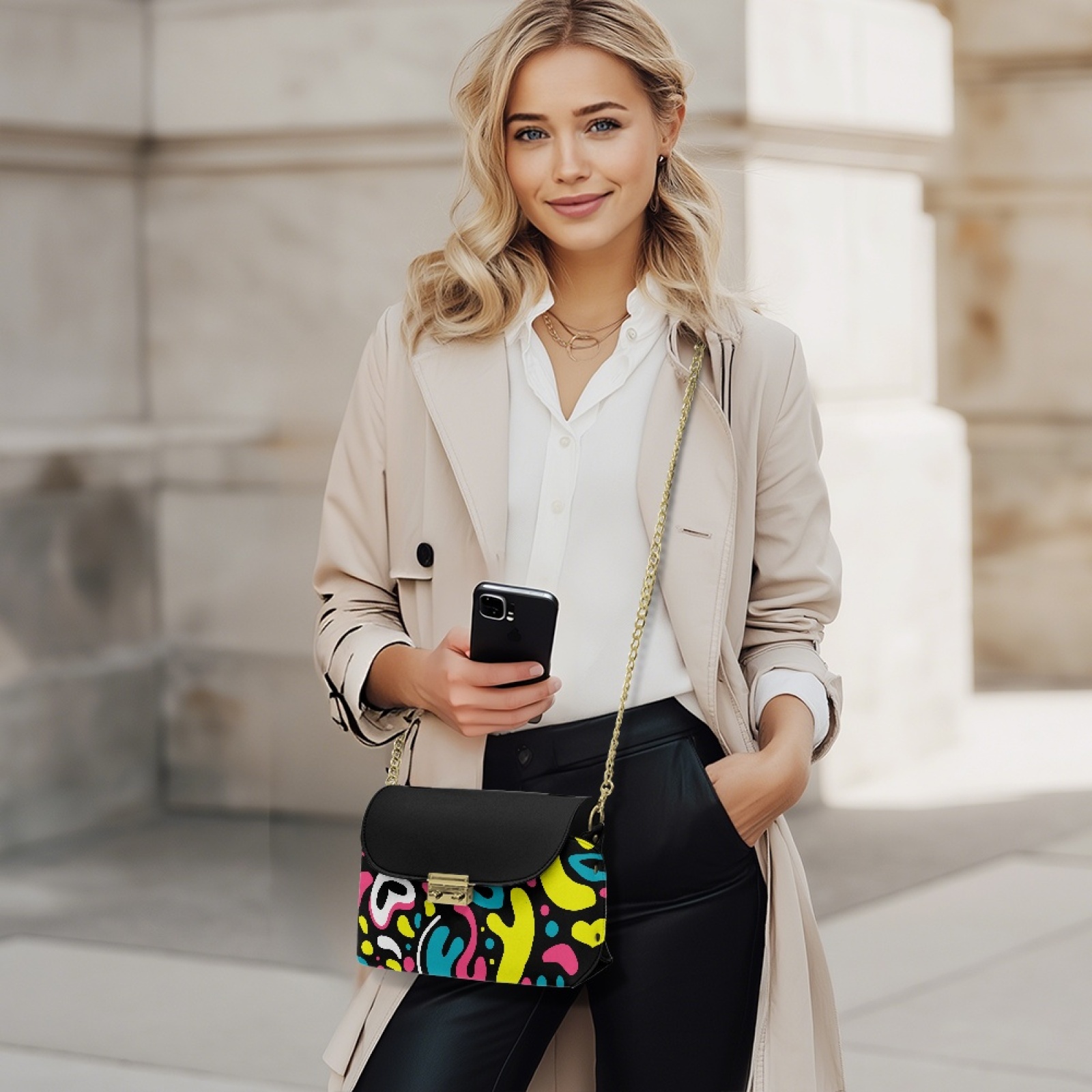 SCRAWLGOD Abstract Geometry Print Black Crossbody Bags for Women PU Leather Trendy Crossbody Handbags Stain Resistant Easy to Clean Shoulder Bag with Small Wallet Purse