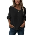 thumbnail image 6 of Olyvenn Women Cotton Linen Tops Causal Summer Shirts Rolled Sleeve Asymmetrical Neck T Shirts Solid Loose Blouses for Daily Black M, 6 of 9
