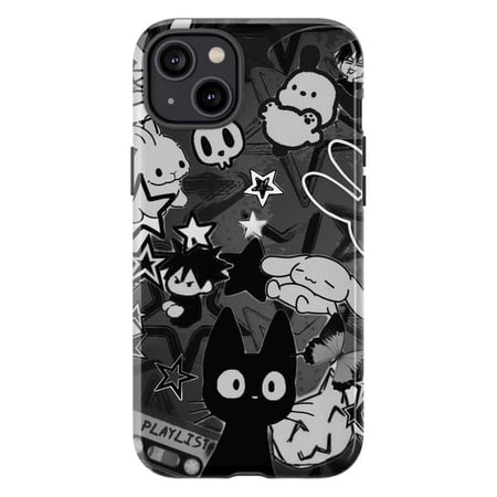 Dark Aesthetic Anime Collage Phone Case, Kawaii Black Cat and Manga Character Artistic Protective Cover for iPhone 17, 16, 15, 14, 13, 12, 11, Pro Max, Plus, Mini