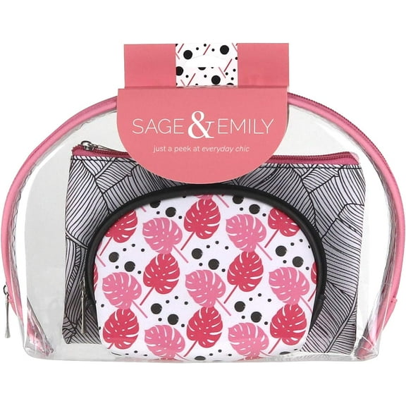 Sage & Emily 3 Piece Vinyl Travel Cosmetic Bag Set, Clear/Pink/White/Black