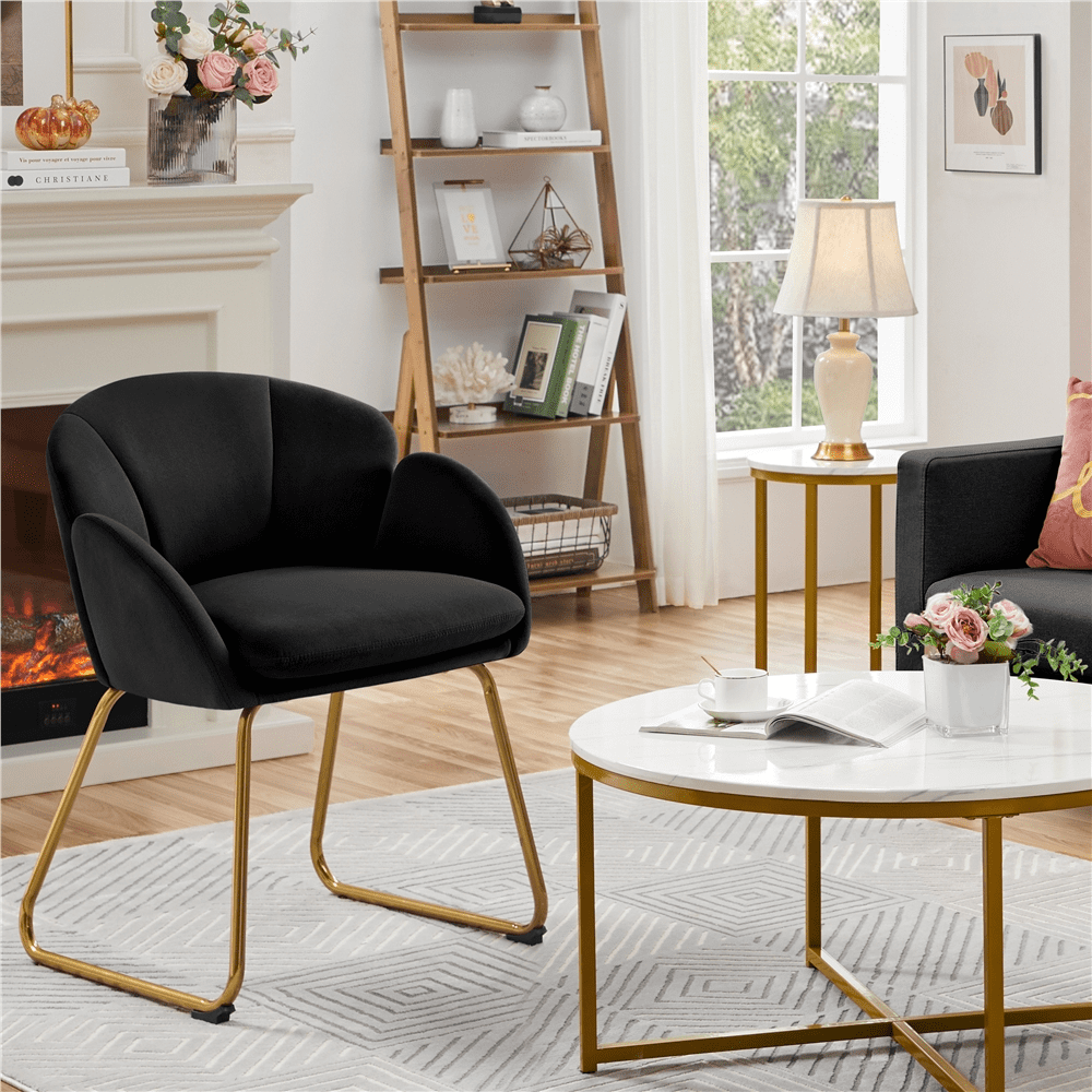 Alden Design Modern Velvet Accent Chair with Golden Metal Legs for Living Room, Black