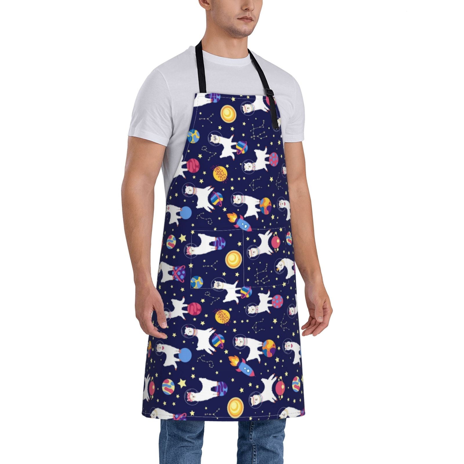 Kdxio Lama in Space Apron with Pockets Adjustable Kitchen Aprons for Men Women Waterproof Aprons for Cooking,Drawing,Crafting, Baking Household Cleaning