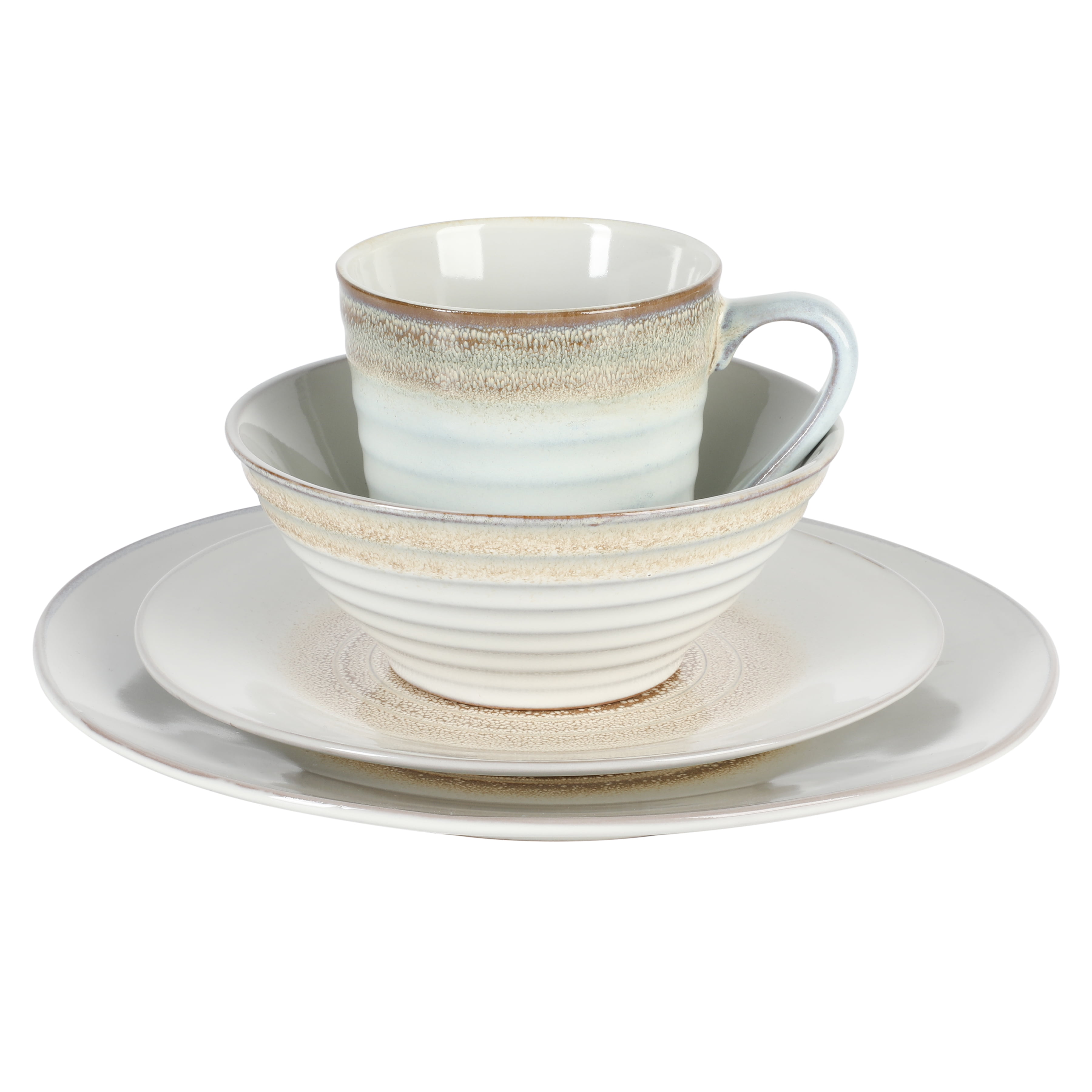 Gibson Elite Spiral 16 Piece Reactive Embossed Stoneware Dinnerware Set - Taupe
