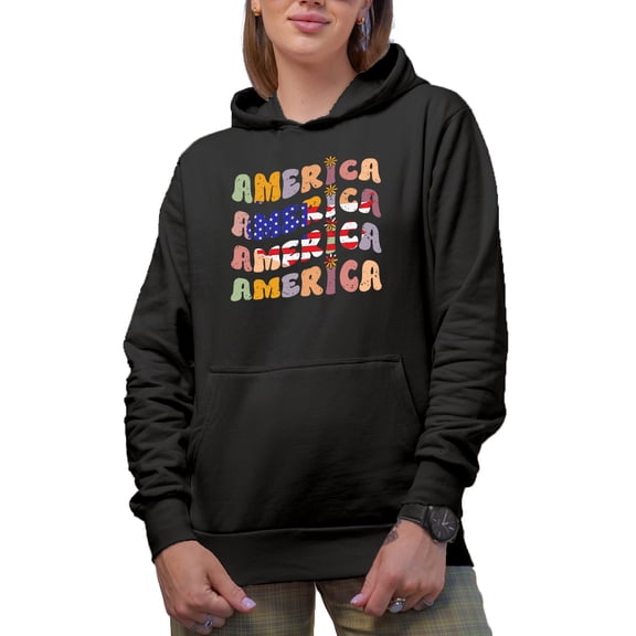 America, 4th of July Themed, Groovy Retro Wavy Text Merch Gift, Black Hooded Sweatshirt or Hoodie, Small