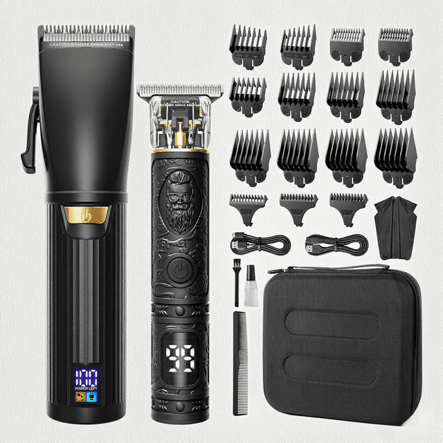GLAKER Professional Cordless Hair Clipper & Trimmer Set with 15 Guide Combs (12 U-Shaped + 3 T-Shaped), Barber Cape, Cleaning Brush, USB Cables, Lubricant Oil, Comb & Storage Bag - Rechargeable