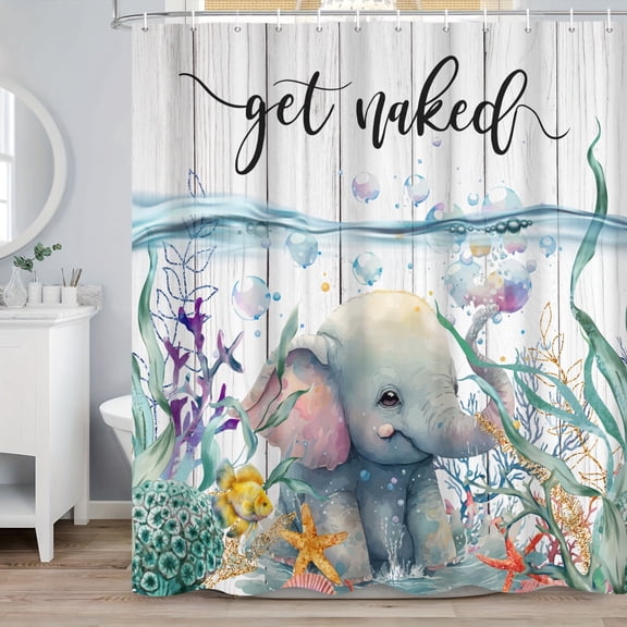 MIZHONA Ocean Elephant Kids Shower Curtain Get Naked Coastal Bathroom Curtain with Hooks 72"x72"