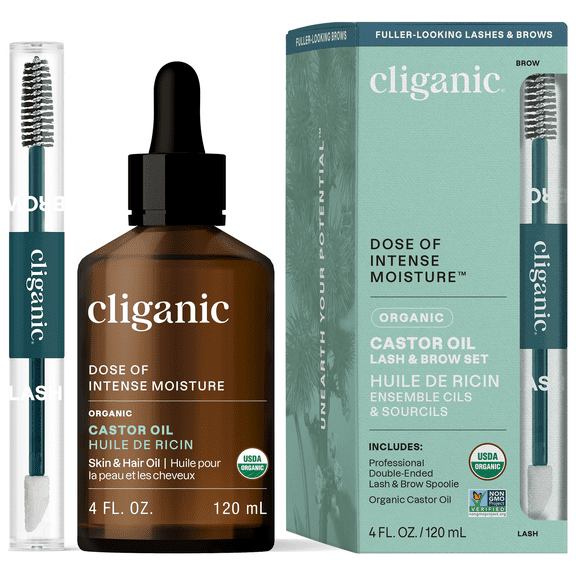 Cliganic Organic Castor Oil with Eyelash Kit, for Eyelashes, Hair & Skin, All Hair Types, Pure, 4oz