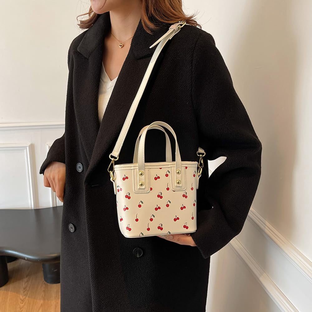Crossbody Bags for Women, Small Cherry Print Shoulder Bag Cute Leather Tote Bag,Cherry Red Purse with Shoulder Strap