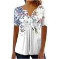 thumbnail image 3 of Feancey Holiday Sales 2025 Henley Tunic Tops for Women Boho Casual Button V Neck Blouse Floral Print Short Sleeve Pleated Tops 2025 Trendy Going Out T Shirt Multicolor XXL, 3 of 5