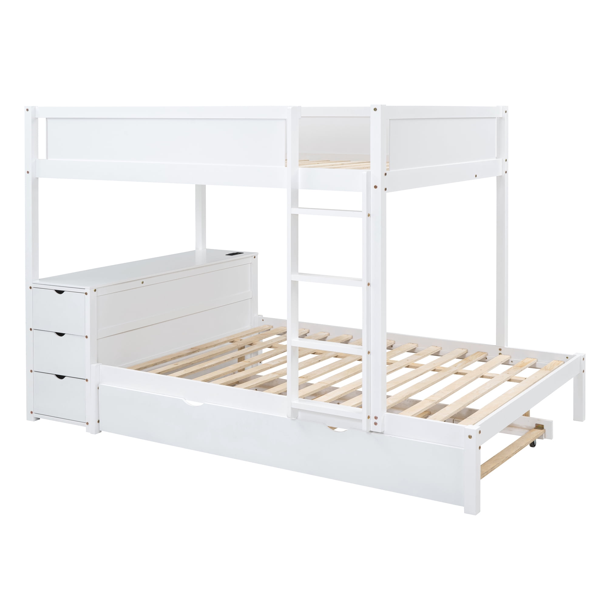 Full-Over-Full Bunk Bed with Twin size Trundle and 3 Storage Drawers, Solid Wood Floor Bunk Bed with Desk, Ladder and Guardrails for Kids Teens Adults