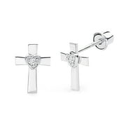 Wellingsale 14K White Gold Polished Cross Stud Earrings With Screw Back