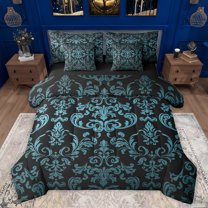 jejeloiu Victorian Baroque Damask 7pcs Bedding Comforter Set,Boho Bohemain Floral Queen Bedding Sets,Blue Vintage Flowers Queen Sheet Sets For Girls Kids,Super Cozy Room Decor Reversible