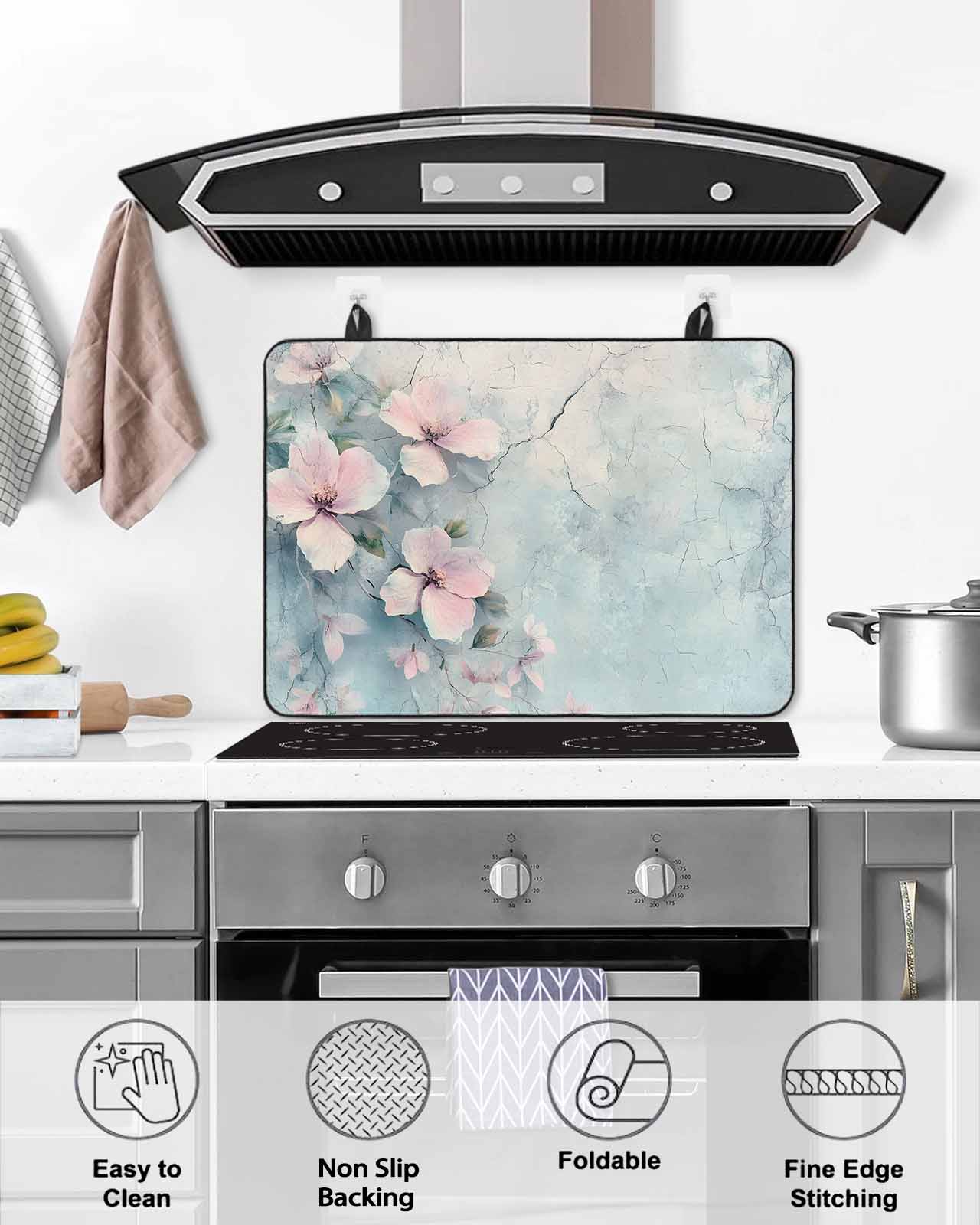 nqOlkjepod Large Induction Cooktop Protector Mat 24"x21", Pink Spring Flower Stove Top Covers for Electric Stove, Retro Blue Wall Mottled Pastoral Stove Burner Cover Mats, Glass Top Stove Cover