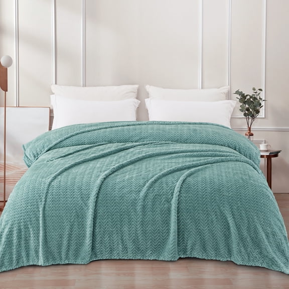 Exclusivo Mezcla King Size Jacquard Weave Wave Pattern Flannel Fleece Velvet Plush Bed Blanket as Bedspread/Coverlet/Bed Cover (90" x 104", Celadon)