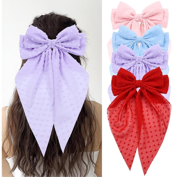 4 Pieces Large Big Oversized Satin Hair Bows with Long Tail French Barrettes Hair Clips Accessories for Women Girls Teens