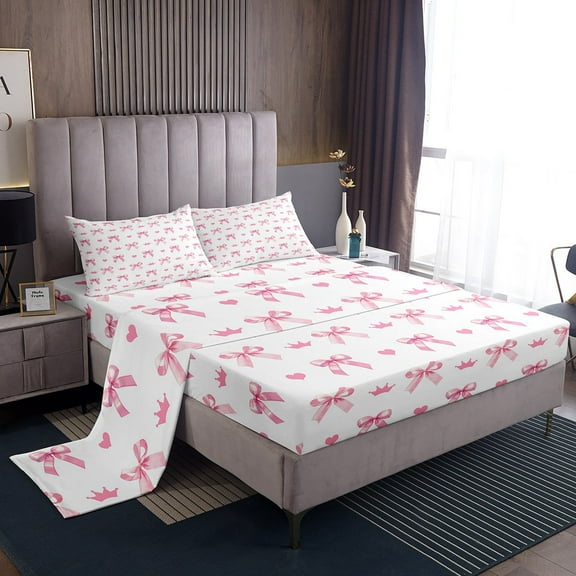 Erosebridal Kawaii Bowknot Sheet Set Twin,Love Heart Bedding Sets Twin Size,Dreamy Princess Twin Sheet Sets,Lightweight Female Bedroom Decorative,3pcs