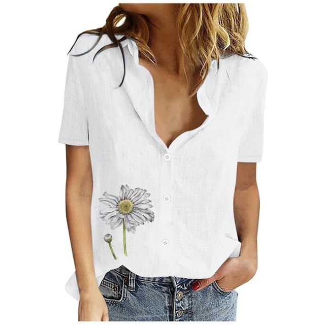 EQWLJWE Chemises pour Femmes Liquidation Femmes Manches Courtes Décontractées Femmes Imprimé Manches Courtes Ample Bouton Col Rabattu Chemise Unie Blouse Hauts