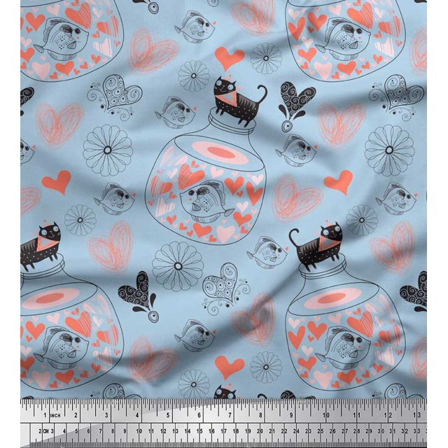 Soimoi Poly Georgette Fabric Floral,Pot & Cat Kids Print Fabric by Yard 42 Inch Wide