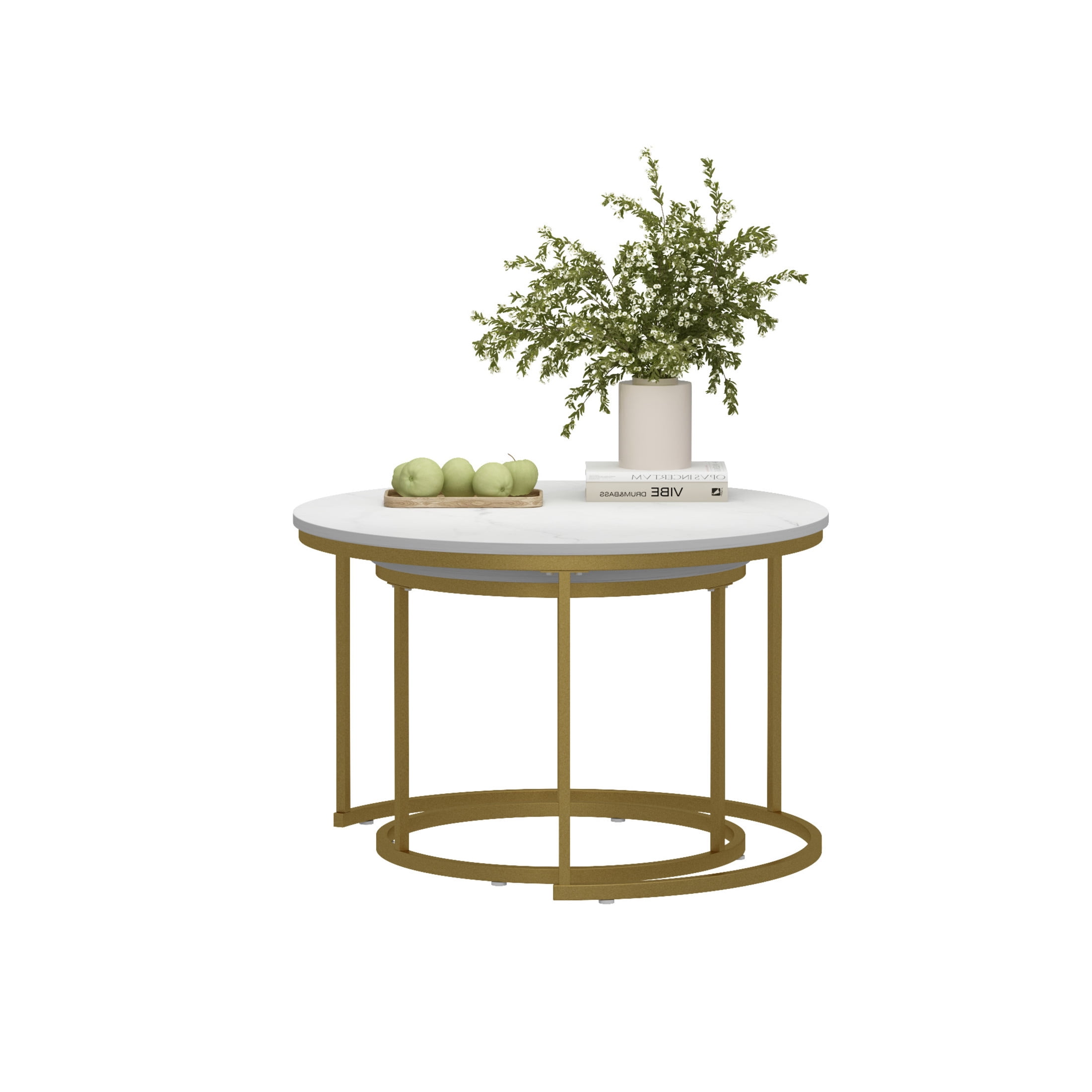Noble House 27.6" Round Nesting Coffee Table with Marble Top, Wooden Side End Tables for Living Room, White, Set of 2