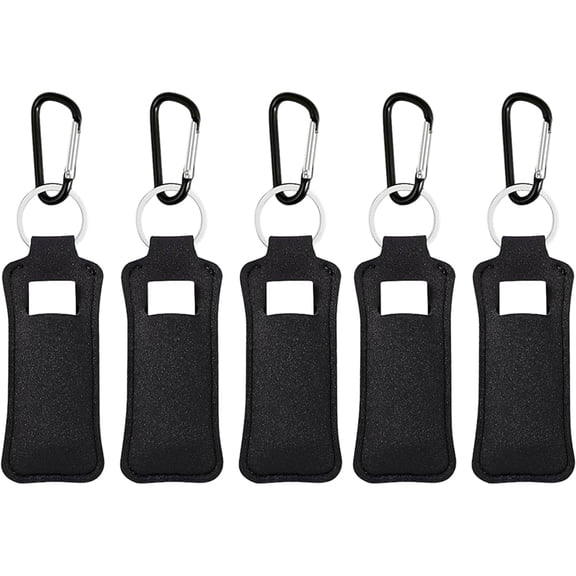5 Pack Chapstick Holder Keychain – Cute Neoprene Lip Balm Case with Metal Spring Clip & Keychain | Handmade Premium Sublimation Lip Balm Holder, Stylish Gift Accessory for Women (Black)