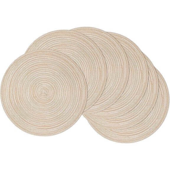 Round Placemats Set of 6, 15 Inch Cotton Polyester Braided Table Mats, Heat Resistant & Washable, for Kitchen Dining Table Party Decor, Natural Beige