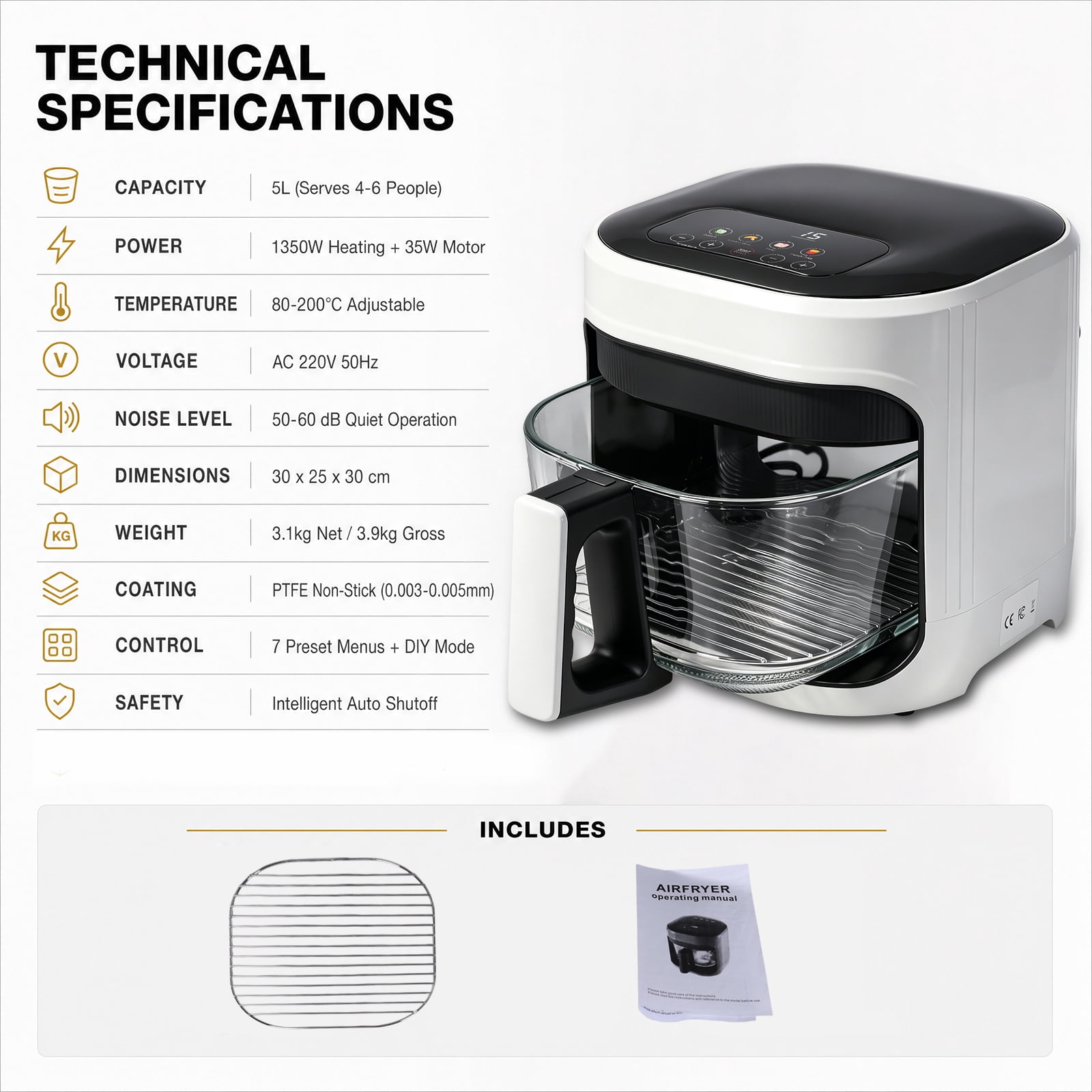 Air Fryer 5L with Touch Control, Adjustable tTemperature up to 200°C, 0-60-Minute Timer, 4 Preset Menus, Oil-free Cooking, and 1350W Power, Ideal for Families of 3-5 People.