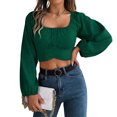 thumbnail image 7 of adaychics Tie Back Long Sleeve Crop Top Square Neck Ruched Lantern Long Sleeve Tie Back Crop Top Blouse for Vacation, 7 of 7