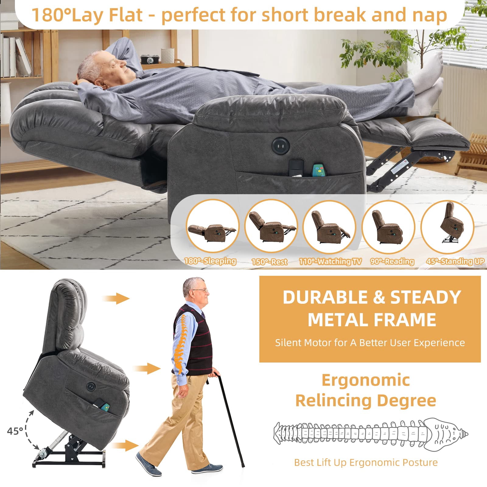 W WARMHOL Lay Flat Sleeping Dual Motor Electric Lift Recliner w/Heat Massage for Big People, Large Infinite Position Reclining Chair Up to 350 LBS for Living Room, 2 Remote Controls/USB Port, Grey