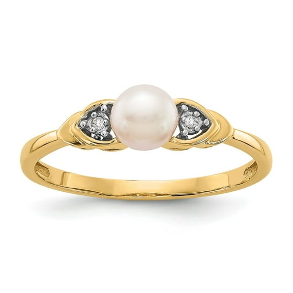 14K Yellow Gold Ring Band Pearl (06) June Freshwater Round Diamond