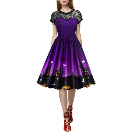 Halloween Dresses for Women Retro Lace Vintage A Line Pumpkin Ghost Printed Pleated Swing Cocktail Short Sleeve Dress