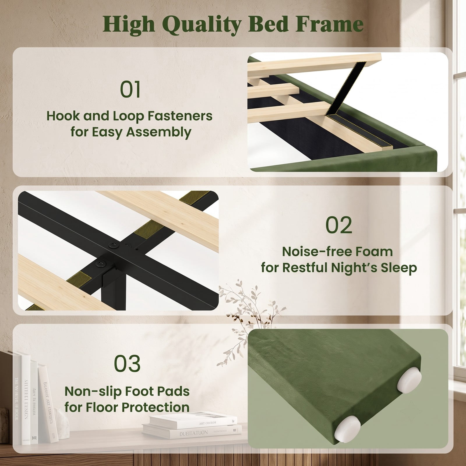 Furnibear Twin Size Velvet Upholstered Platform Bed Frame with Adjustable Vertical Channel Headboard and Wood Slat Support, Beige