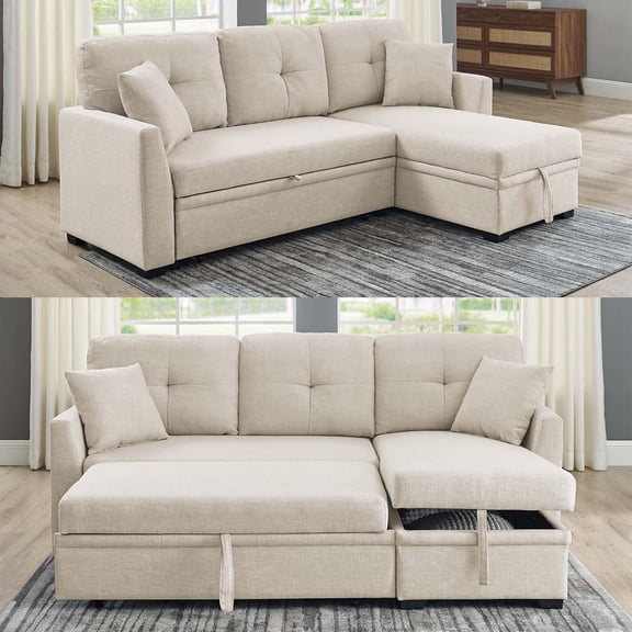Convertible Sleeper Sofa Bed, 76.5" L Shaped Sectional Couch Pull Out Bed Reversible Storage Chaise Compact Linen Sofa Small Space Apartment Living Room,Beige
