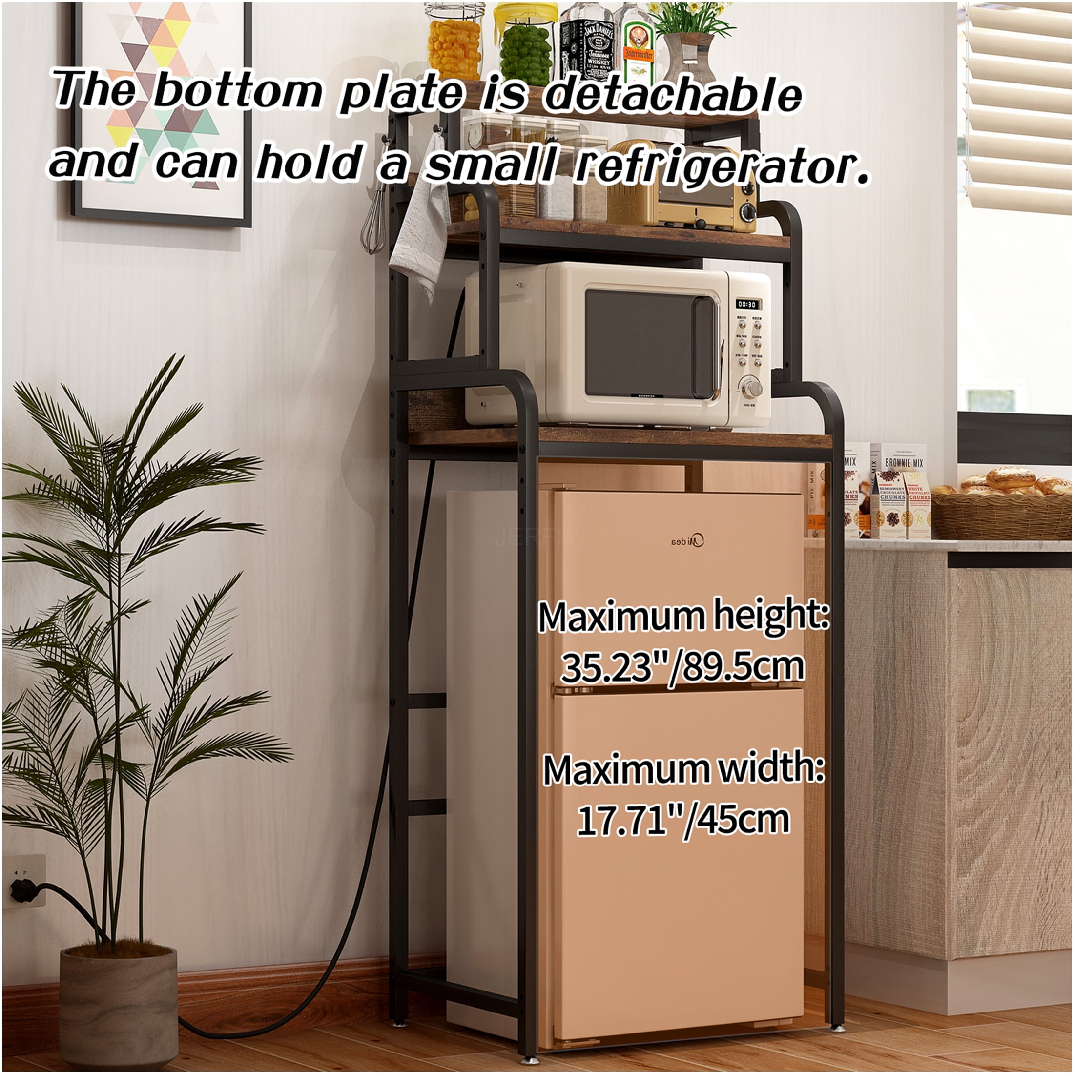 JERFIT 4-Tier Kitchen Storage Cart with Mini Fridge Stand, Microwave Rack & Adjustable Shelves, 200lb Capacity, Walnut Brown