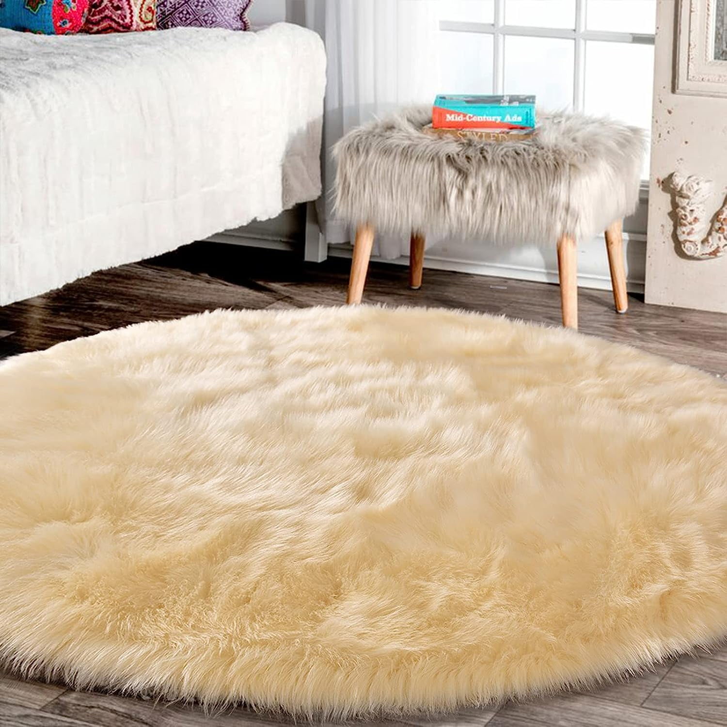 Latepis Large Circle Area Rug 8ft Round Rug Fluffy Carpet Rug Yellow