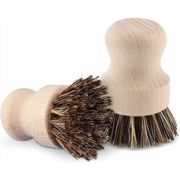 Juego de 2 cepillos para platos, cepillo de madera para platos, cepillo para verduras, cepillo redondo de haya para fregadero de cocina, baño, cepillo para platos doméstico - 5,3x8 cm