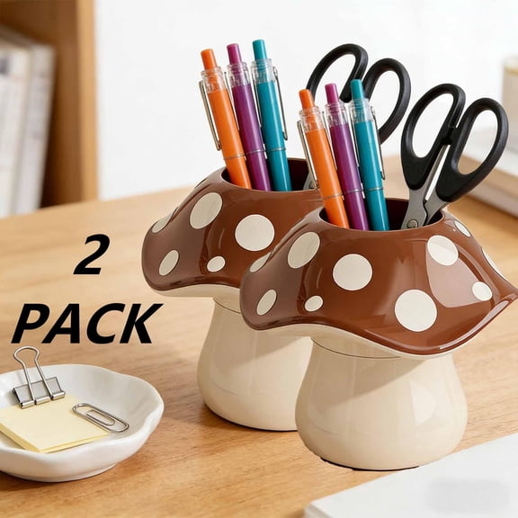 FEOLGEHLY 2 Pack Cute Mushroom Shaped Plastic Pen Pencil Holder for Desk Notebook, Creative Pen Organizer Cup, Decorative Storage Box for Home Office Desktop Stationery and Makeup Brush, Brown