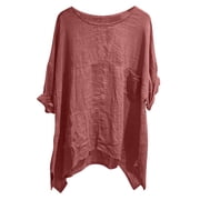VEKDONE Womens 3/4 Sleeve Cotton Tops Solid Color Loose Fit Gauze Shirts with Pockets Casual Crewneck Lightweight Tops Fashion Tunic Blouses for Daily Red XXL