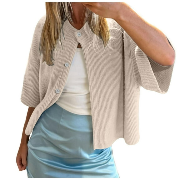 Womens Cardigan Women's Casual Short Sleeved Knit Cardigan Solid Color Half Neck Button Down Sweater 1 Women's Cardigans Beige L