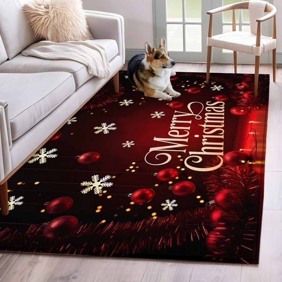 Merry Christmas Area Rug 3x5 Washable Rug Non Slip Vintage Red Ball Xmas Snowflakes Holiday Large Area Rug Indoor Floor Carpet for Entryway Bedroom Kitchen Living Room Home Office Dining Room Nursery