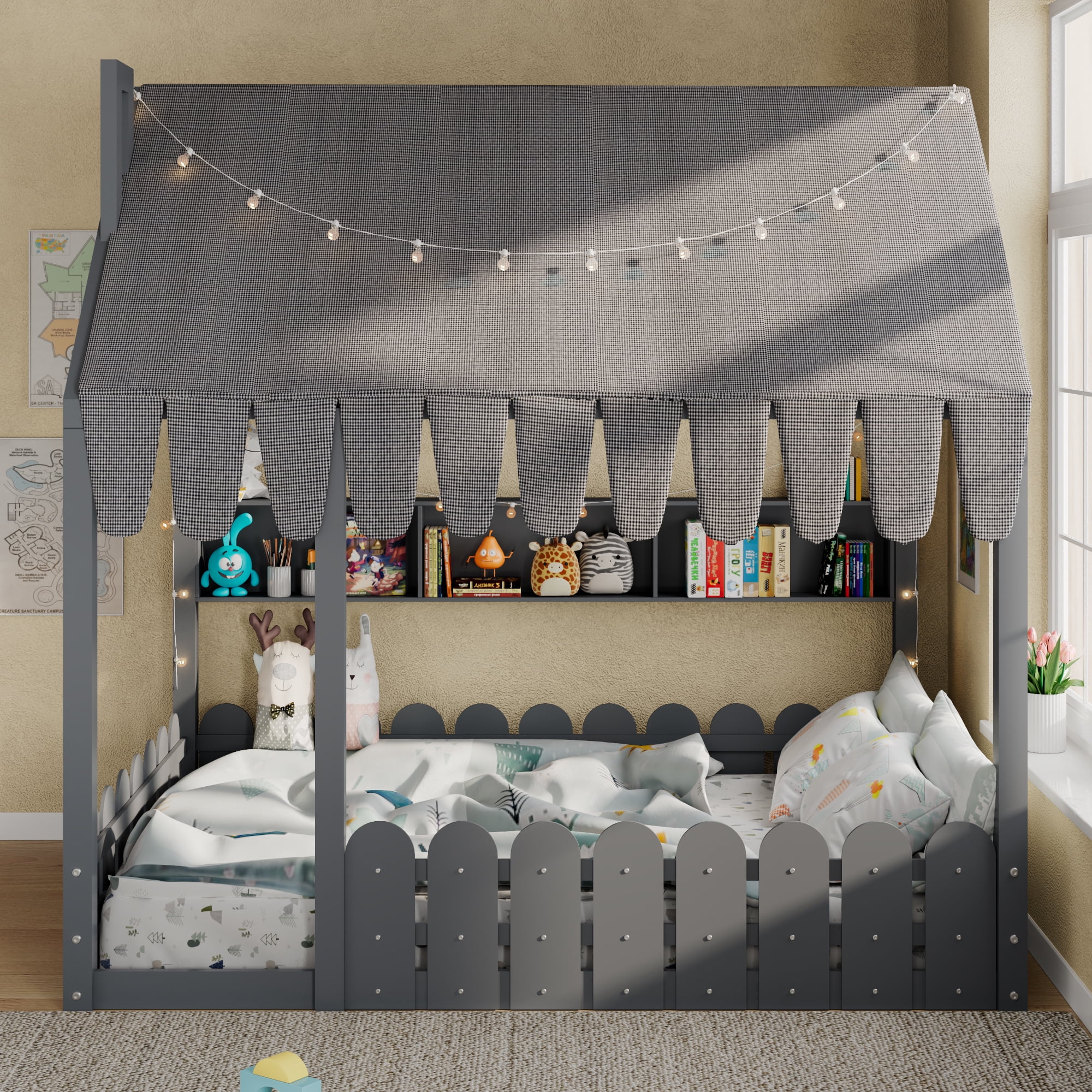 Aukfa Full Size House Bed with Fence and Tent for Kids, Wooden Montessori Bed with LED Lights & Storage Shelves for Toddler Boys and Girls Bedroom, Gray