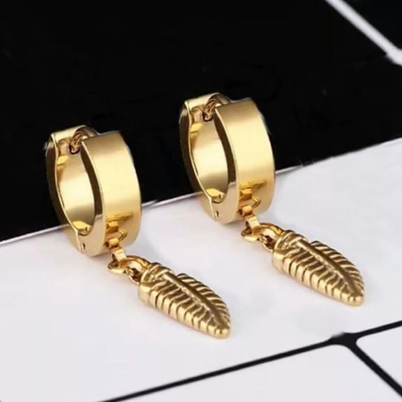 GKNET Gold Feather Drop Dangle Hoop Earrings Men Women Surgical Steel Delicate Jewelry Gift