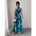 thumbnail image 5 of Teal Blue Floral Halter Neck Maxi Dress With Tie Waist For Elegant Commute Or Vacation, 5 of 7