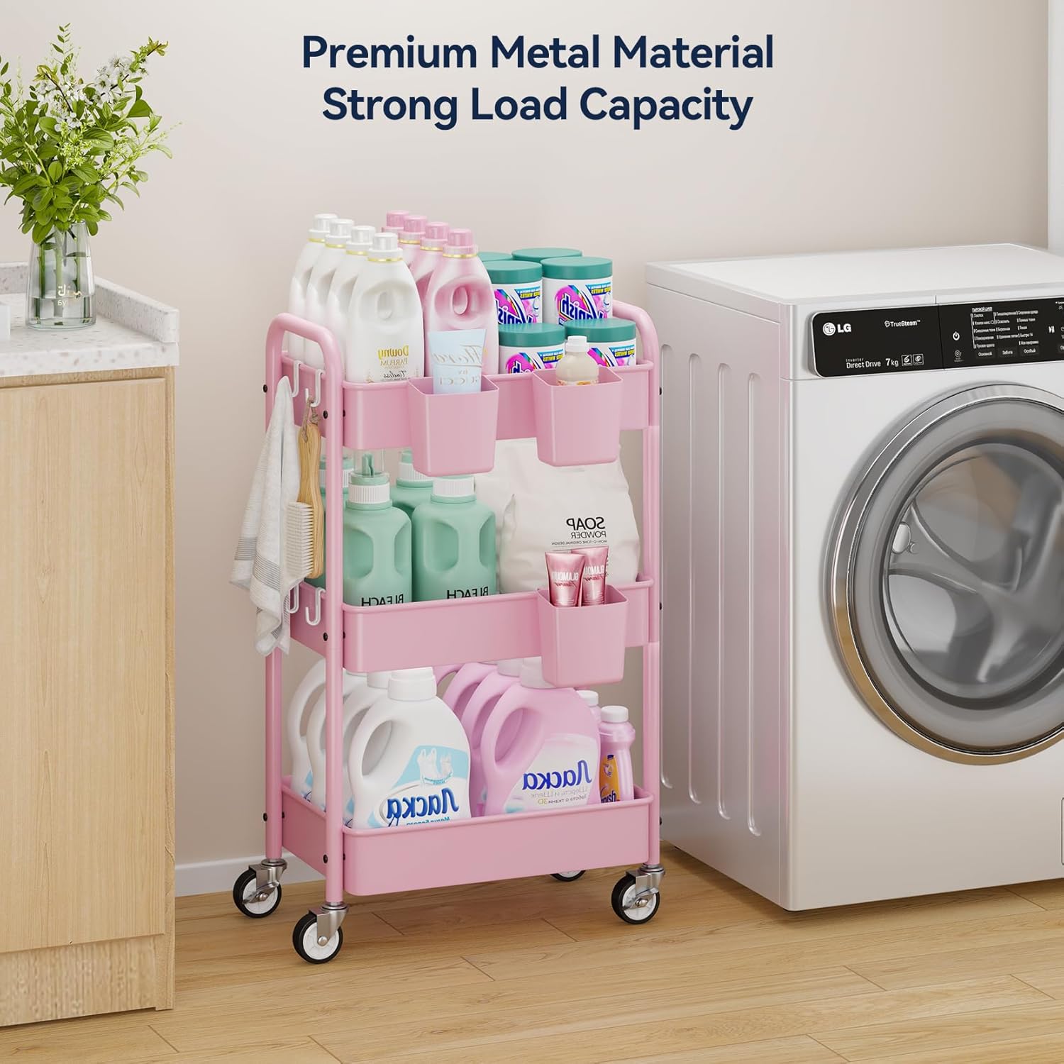 3-Tier Metal Rolling Cart, Heavy Duty Utility Cart with Lockable Wheels, Hanging Cups, Hooks, Mesh Rolling Storage Cart Craft Organizer, Lightweight and Sturdy, Pink