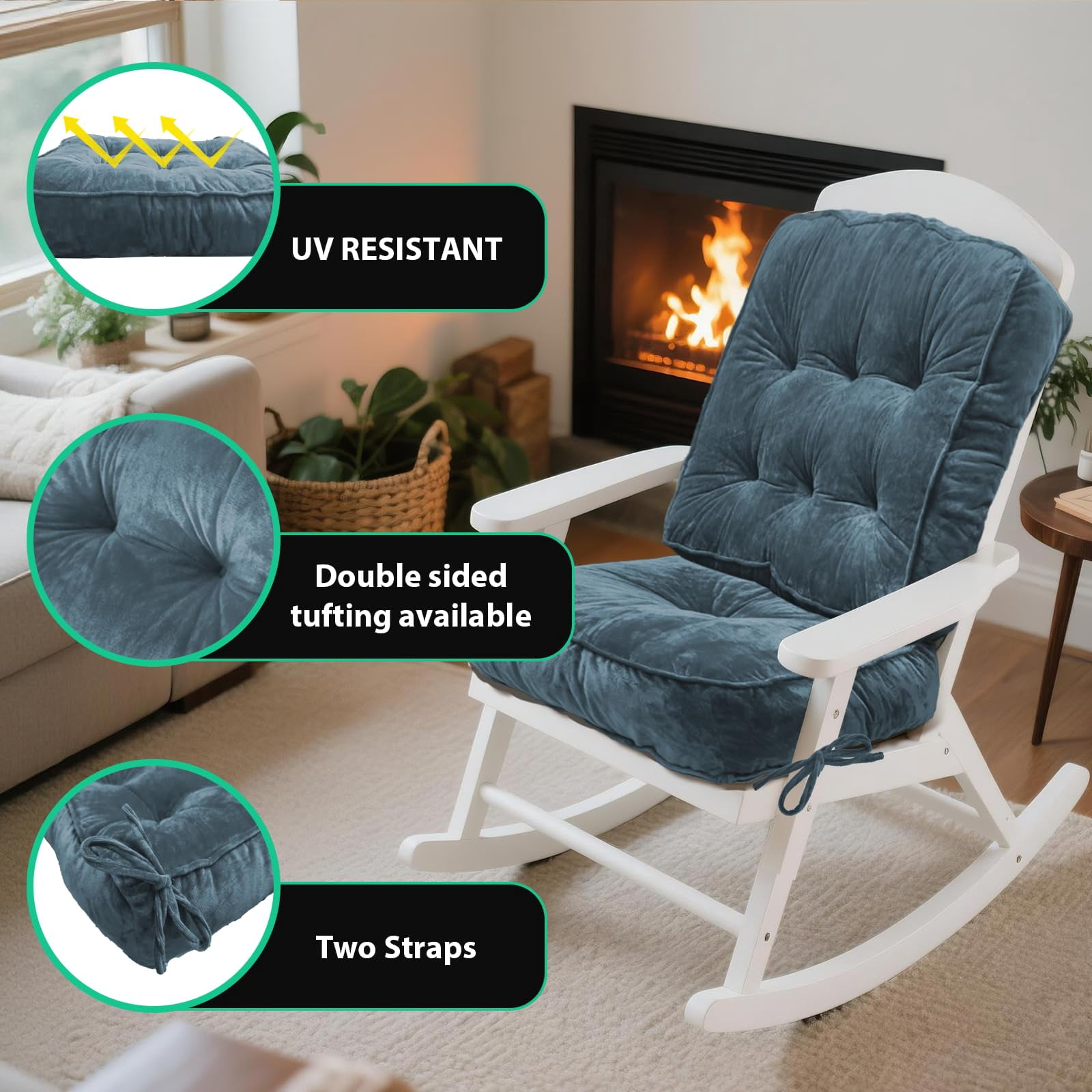 Rocking Chair Cushion, High-Density Sponge,Memory Foam Non Slip,FadeShield Thicken Durable Tufted Pads,Set of Seat & Back Cushion with Ties for Outdoor Rocker, 2 Piece, Blue,22x17x3/17x17x4