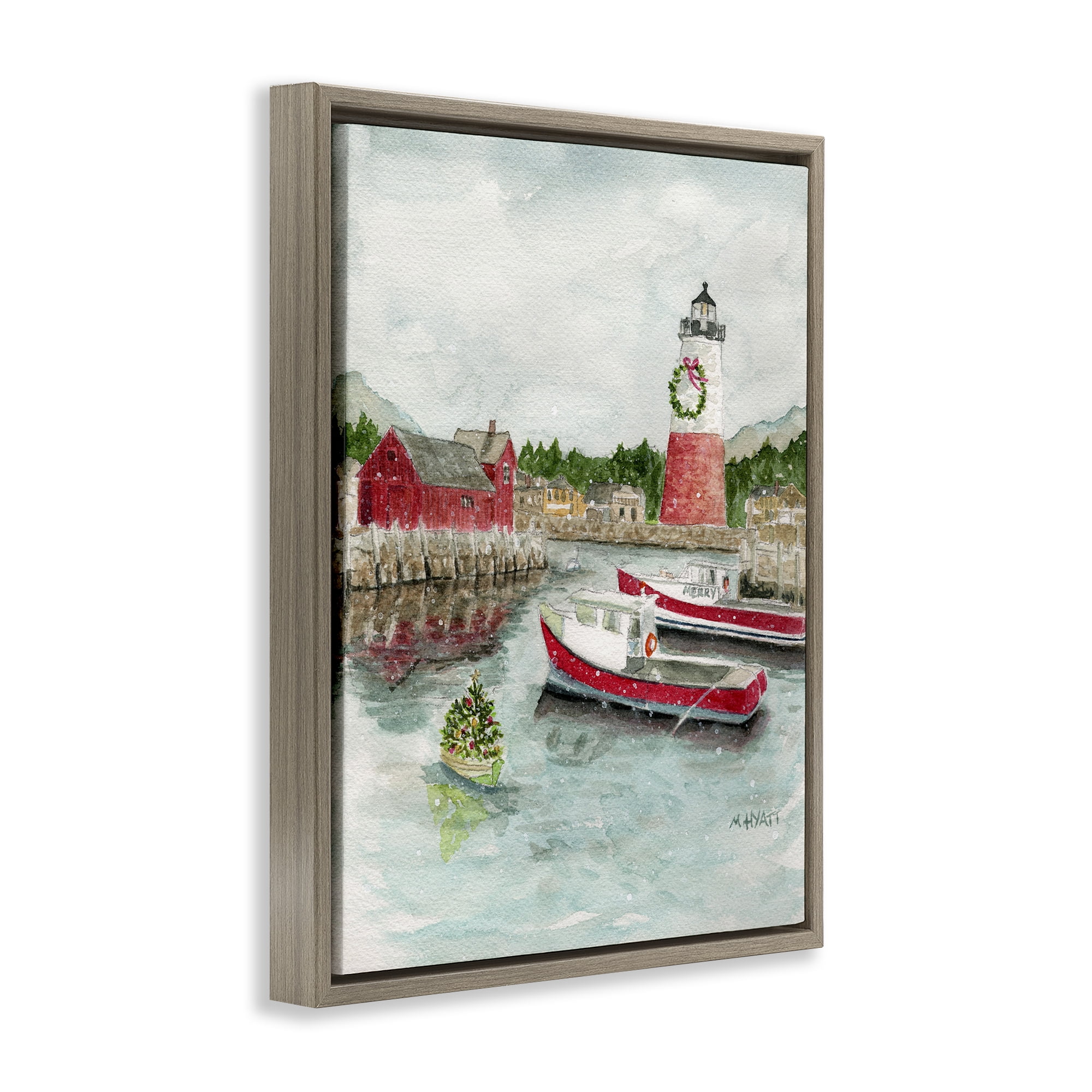 Stupell Industries Coastal Christmas Harbour Holiday Painting Brown Floater Framed Art Print Wall Art, 25 x 31