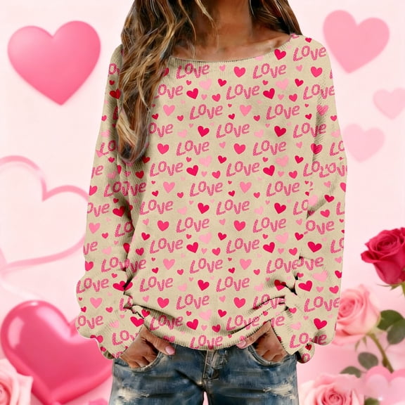 Crew Neck Shirts for Women Fashion Heart Print Crew Neck Long Sleeve Casual T Shirt Comfortable Comfy Soft Tee Pullover Outfits Beige L