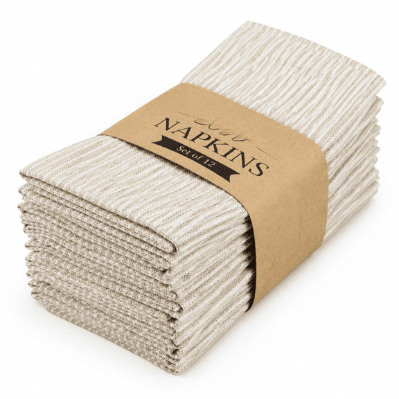 Beige Narrow Striped Linen Blend Cloth Dinner Napkins, Set of 12, 15.75 x 15.75 Inches