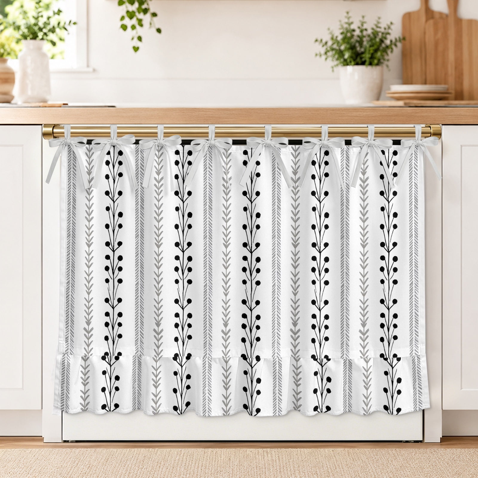 Eclectic Stripes Oven Skirt Curtain for Kitchen Decor 32 x 24 Inch Rustic Black Dashed Lines Shabby Chic Gray Leaf Ruffle Oven Door Cover with Ties Oven Skirt for Dishwasher Stove Cabinet