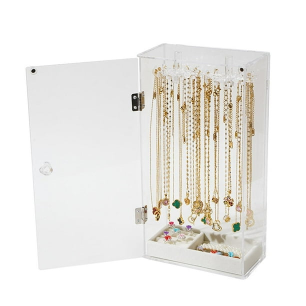 Soporte para Collar de Acrílico, Caja de Almacenamiento de Joyería de Transparente, con 24 Ganchos Giratorios, Bandeja de Terciopelo, Pendientes, Collares, Almacenamiento de Anillos