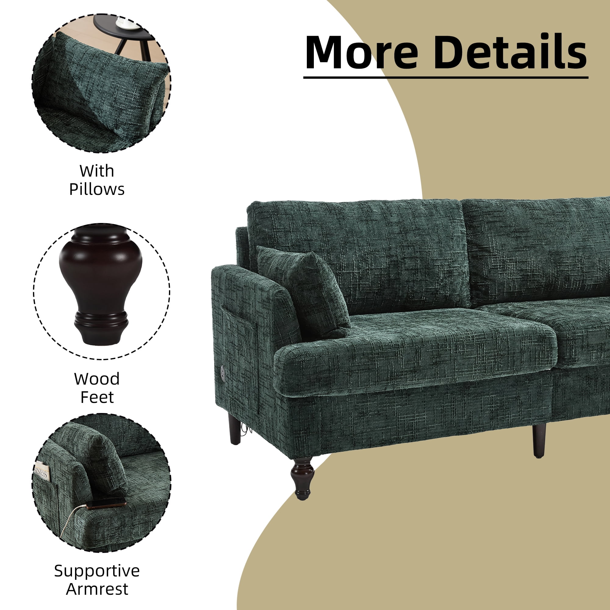 MOONMISS Chenille Upholstered Mid Century Modern Wood Frame Loveseats Sofa with LED light,USB and Side Pocket-Emerald